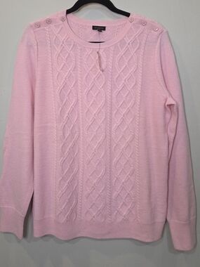 Talbots Pink Cable Knit Lambswool Sweater Button Detail Women's Size Large